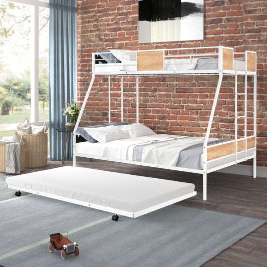 Sturdy Metal Twin Over Full Bunk Bed with Trundle and Safety Guardrails - Space-Saving Design with Noise Reduction and Wooden Accents
