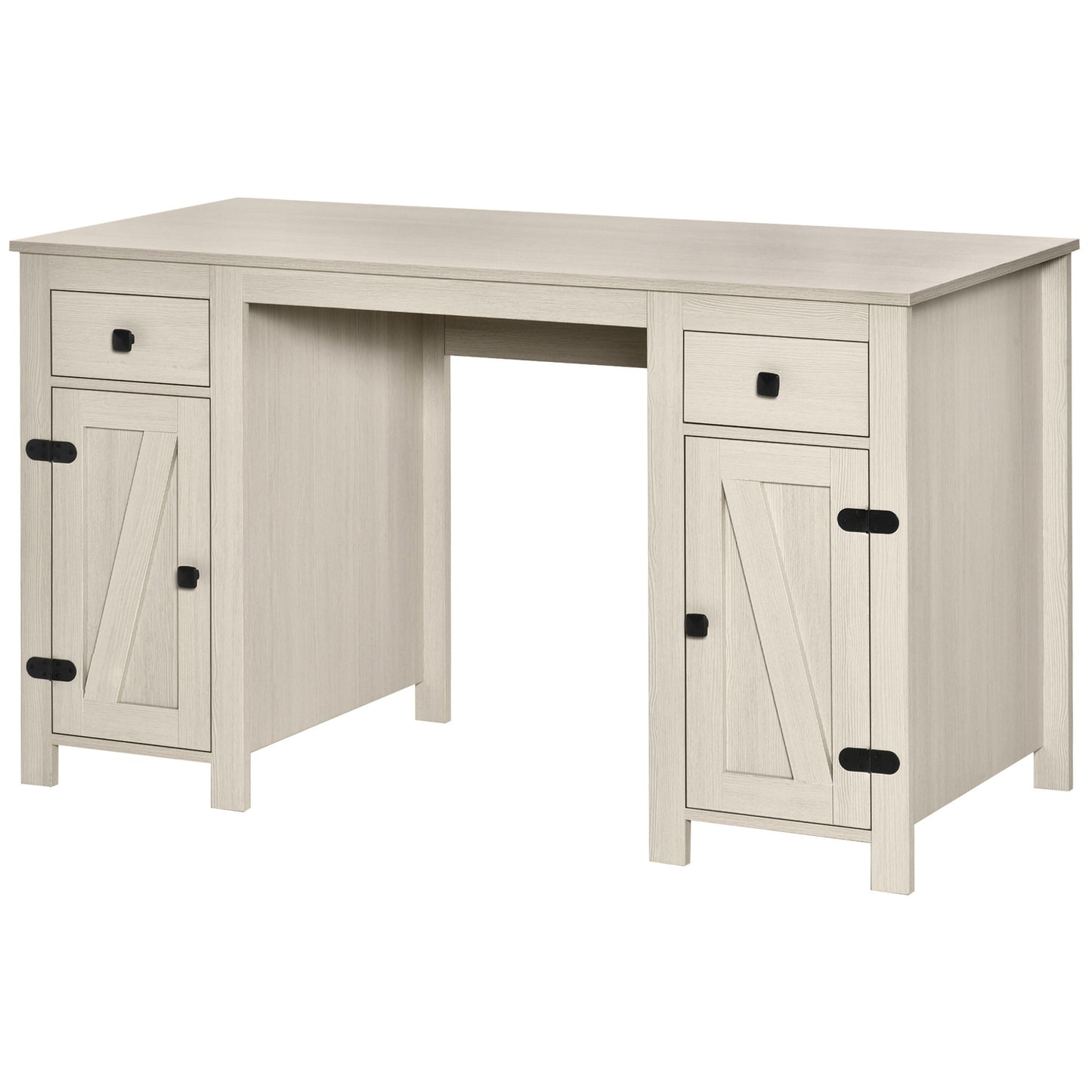 Cream White Farmhouse Style Computer Desk with Storage Drawers and Cabinets for Home Office