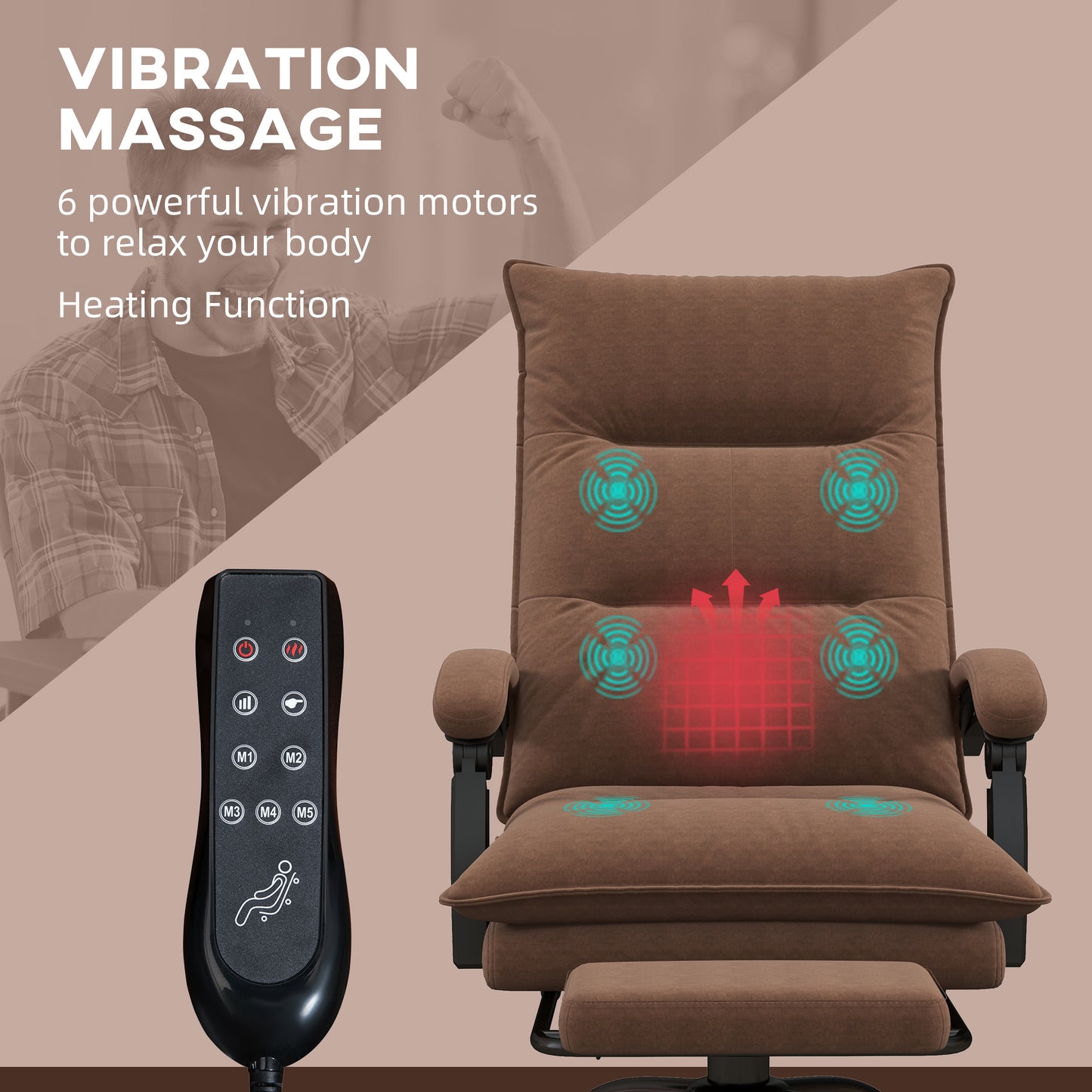 Premium Heated Reclining Office Massage Chair with Footrest, 6 Vibration Modes, Microfiber Upholstery, Adjustable Armrests, and Double Padding in Brown