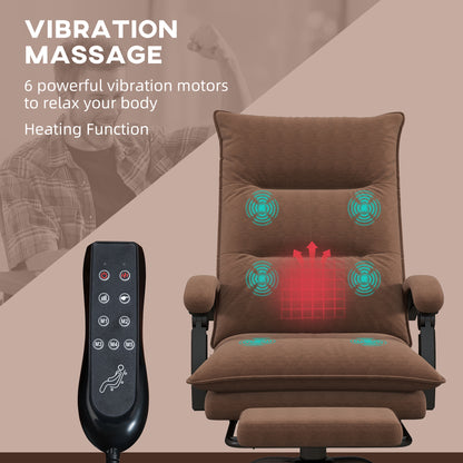 Premium Heated Reclining Office Massage Chair with Footrest, 6 Vibration Modes, Microfiber Upholstery, Adjustable Armrests, and Double Padding in Brown