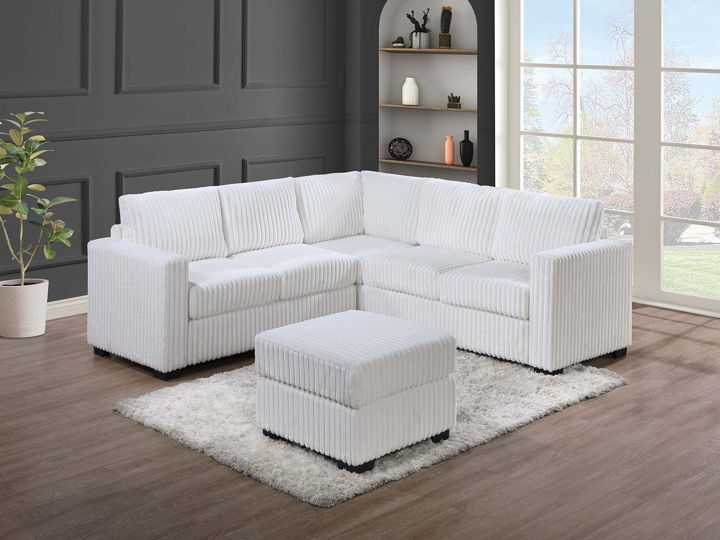 4-Piece L-Shaped Sectional Sofa Set with Ottoman, Corduroy Upholstery, Contemporary Sofa, Milk Color