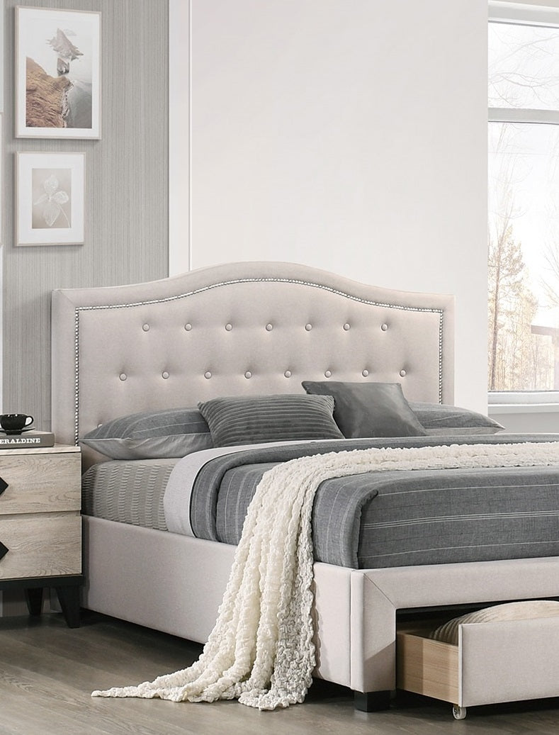 Elegant Light Brown Burlap Upholstered Queen Bed Frame with Storage Drawer & Button Tufted Arch Headboard