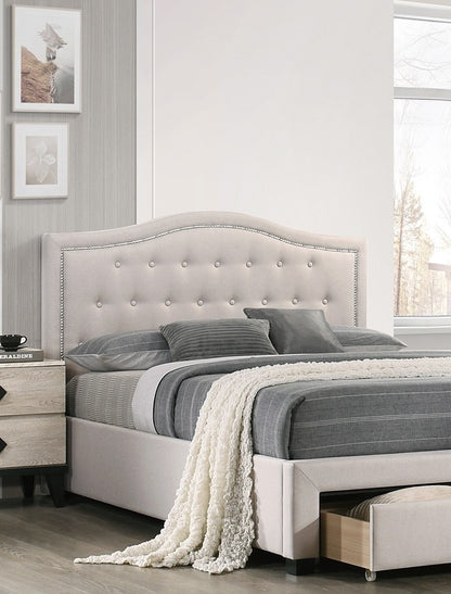 Elegant Light Brown Burlap Upholstered Queen Bed Frame with Storage Drawer & Button Tufted Arch Headboard