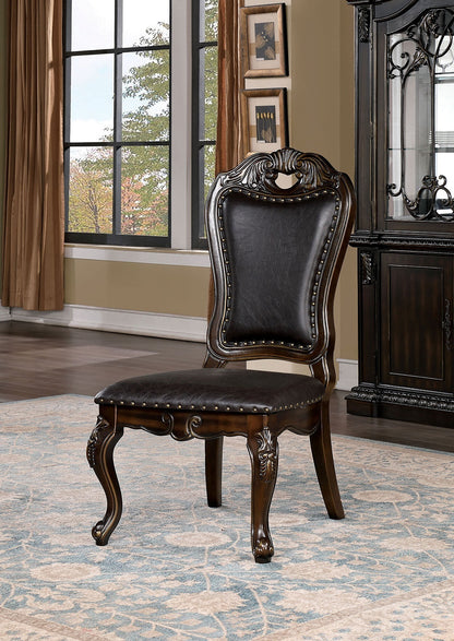 Set of 2 Solid Wood Dining Chairs with Leatherette Seats, Traditional Cabriole Legs, Nailhead Trim Walnut