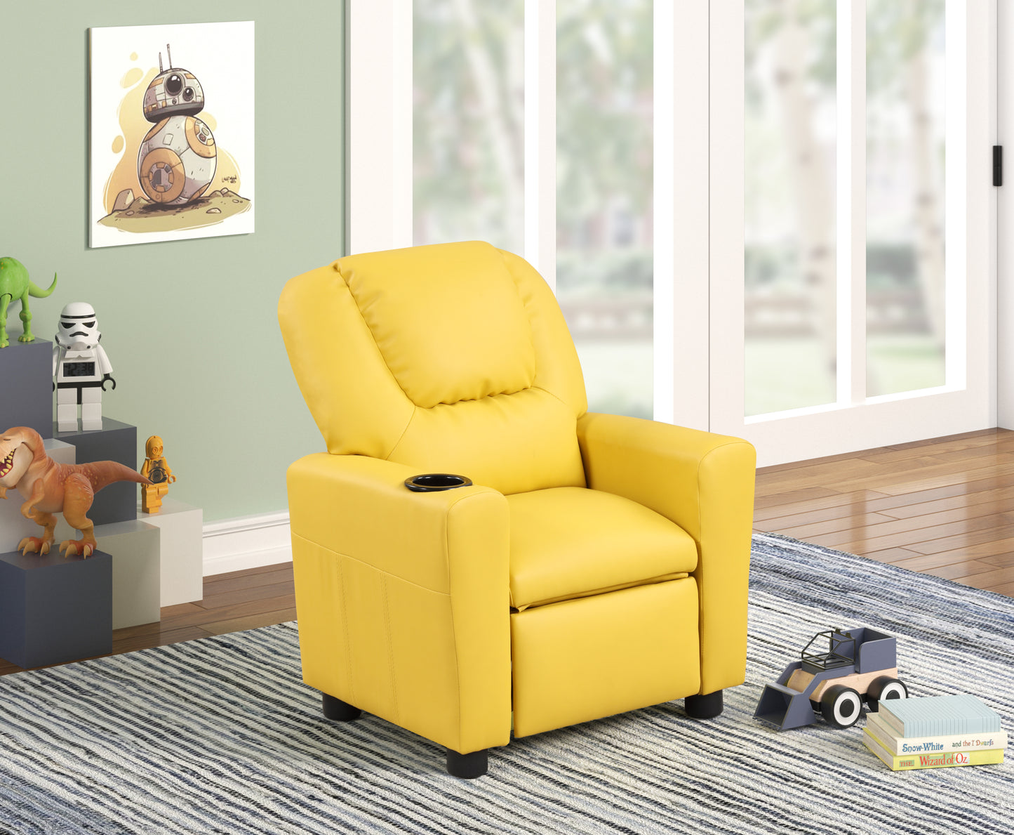 Kids PU Leather Recliner Chair with Cup Holder, 21 x 23 x 27 in, Youth Lounge for Reading, Yellow