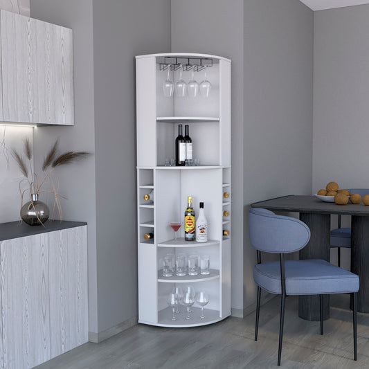 71 Inch White Corner Bar Cabinet With Stemware Storage