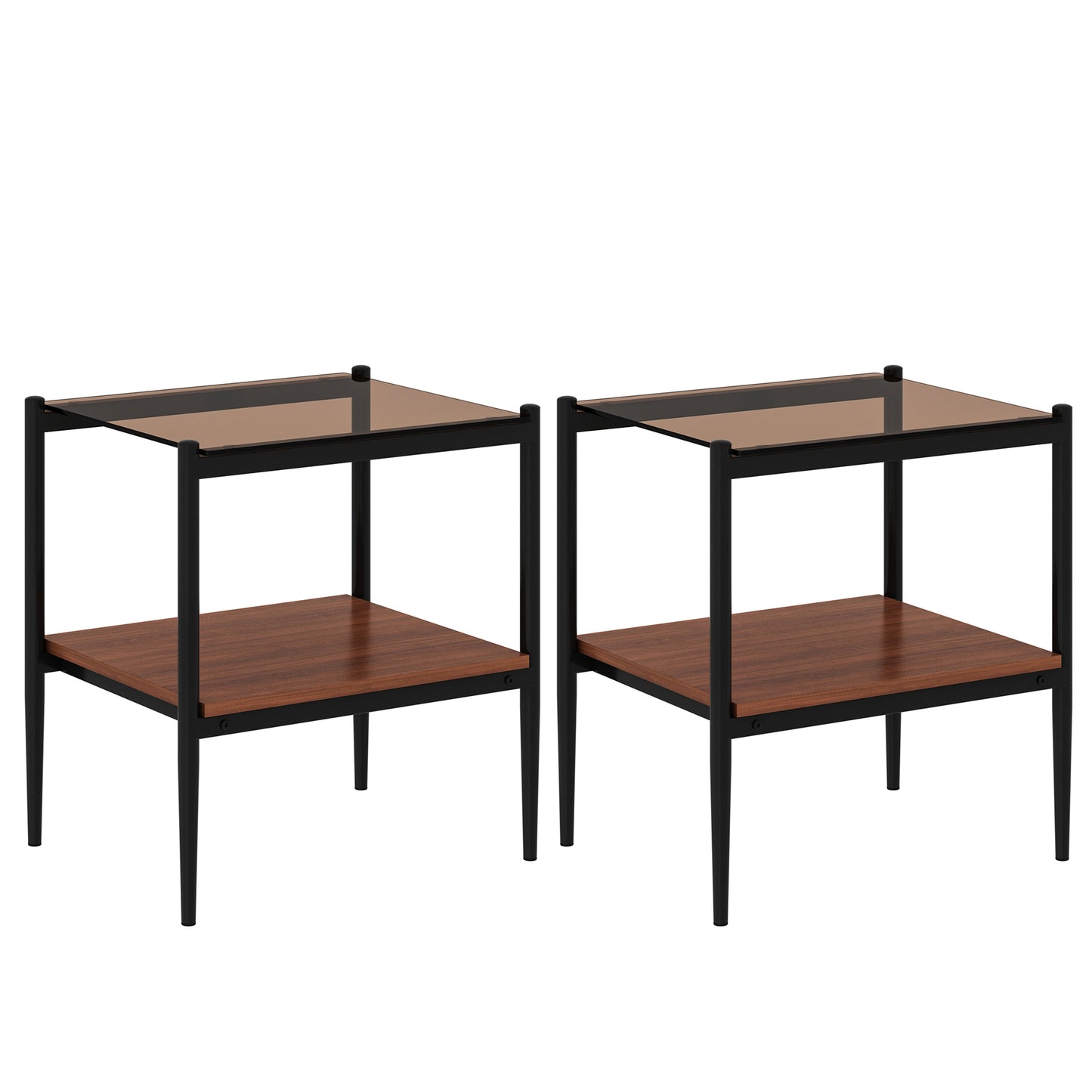Set of 2 Modern Rectangle End Tables with Tempered Glass Top and MDF Shelf, 19 x 15 x 21 in, Brown