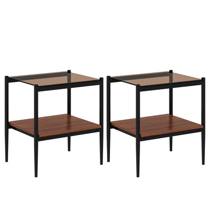 Set of 2 Modern Rectangle End Tables with Tempered Glass Top and MDF Shelf, 19 x 15 x 21 in, Brown