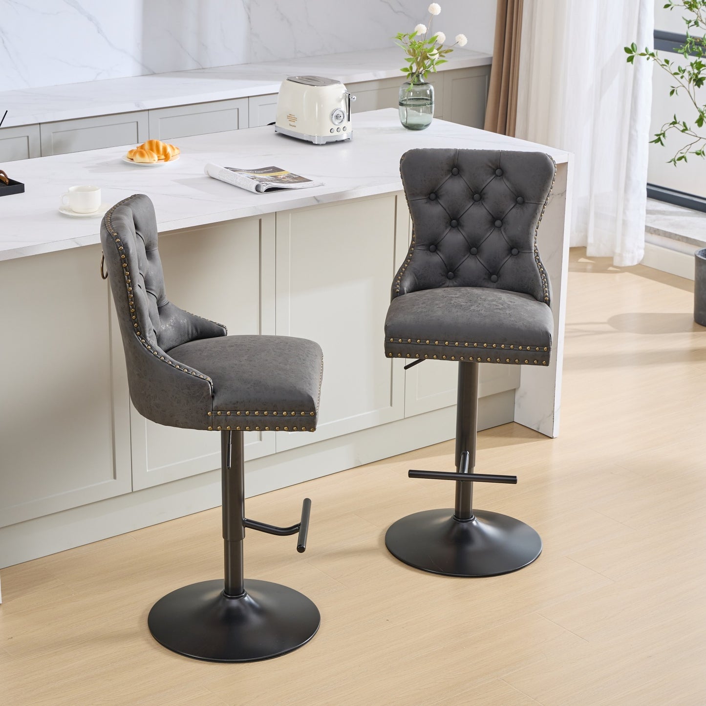 Tufted Back Swivel Bar Stools, PU Upholstery, Set of 2, Counter Height, for Home Bar, Aged Finish