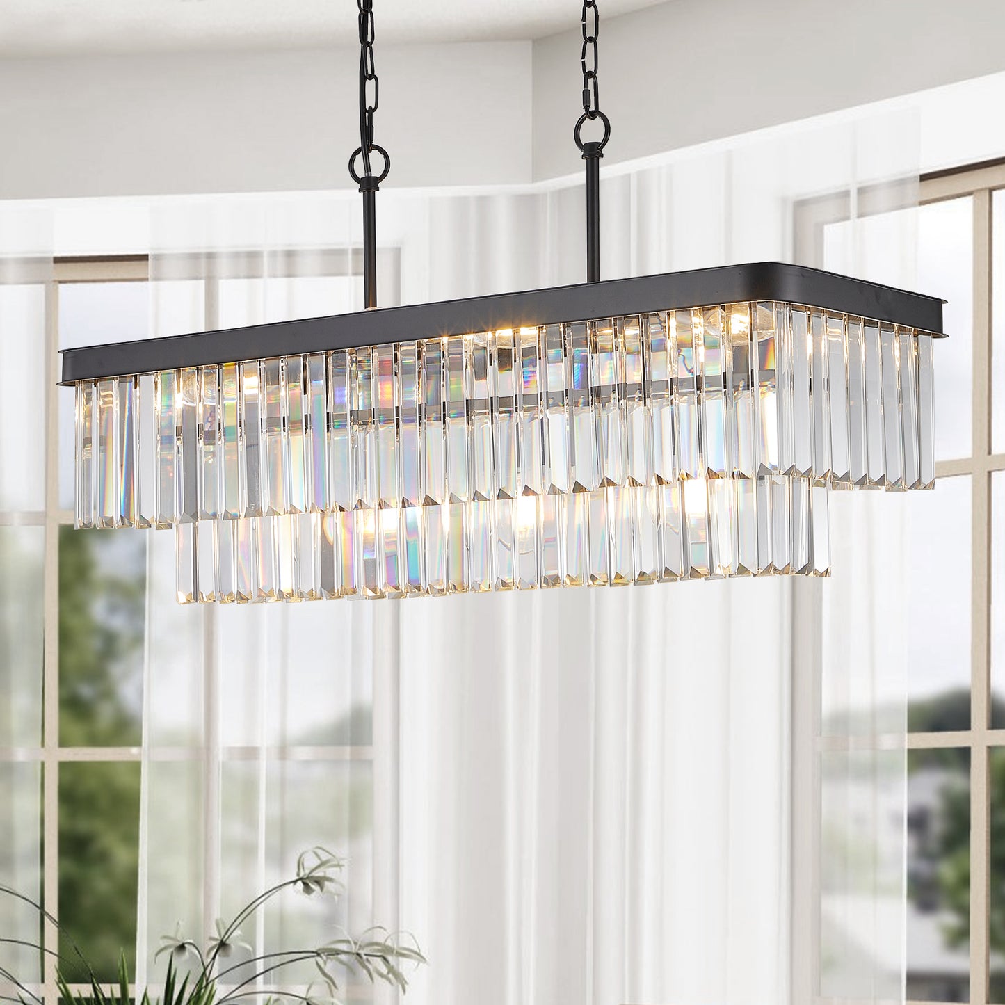 Rectangular Crystal Chandelier, 11-E12 Adjustable Industrial Iron Pendant for Kitchen Island Black