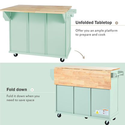 Mint Green Kitchen Island Cart with Drop-Leaf Rubberwood Top, Storage Cabinet, and 3 Drawers on Wheels