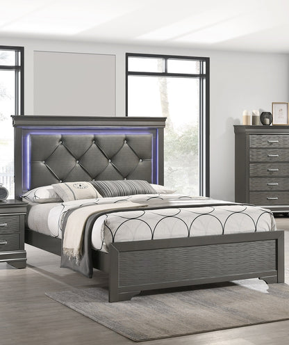 Elegant Dark Gray Faux Leather Queen Bed with Tufted Headboard and LED Lighting