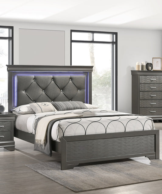 Elegant Dark Gray Faux Leather Queen Bed with Tufted Headboard and LED Lighting