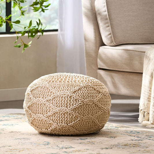 Knitted Wool Round Pouf, 20 x 20 Inches, Modern Living Room Floor Seat & Footstool, Soft Knit, Ivory