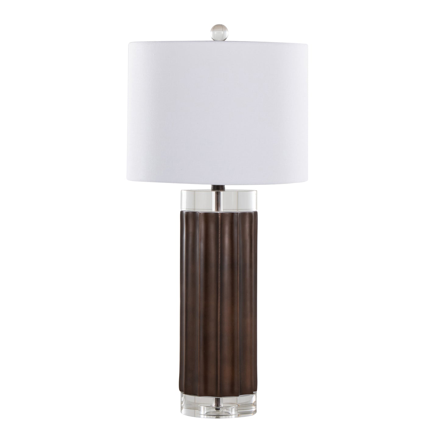29.25-Inch Fluted Cylinder Table Lamp, Polyresin Base, Crystal Cylinders, White Linen Shade, Brown Lustre