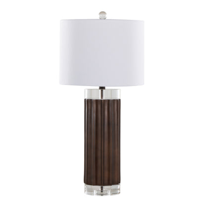 29.25-Inch Fluted Cylinder Table Lamp, Polyresin Base, Crystal Cylinders, White Linen Shade, Brown Lustre