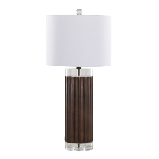 29.25-Inch Fluted Cylinder Table Lamp, Polyresin Base, Crystal Cylinders, White Linen Shade, Brown Lustre