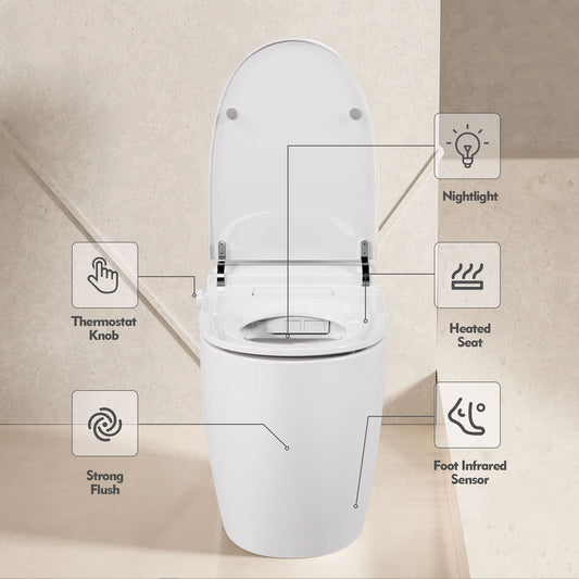 Smart Heated Comfort Toilet with Foot Sensor Flush, Night Light, and Power Outage Support - White Ceramic One-Piece Design