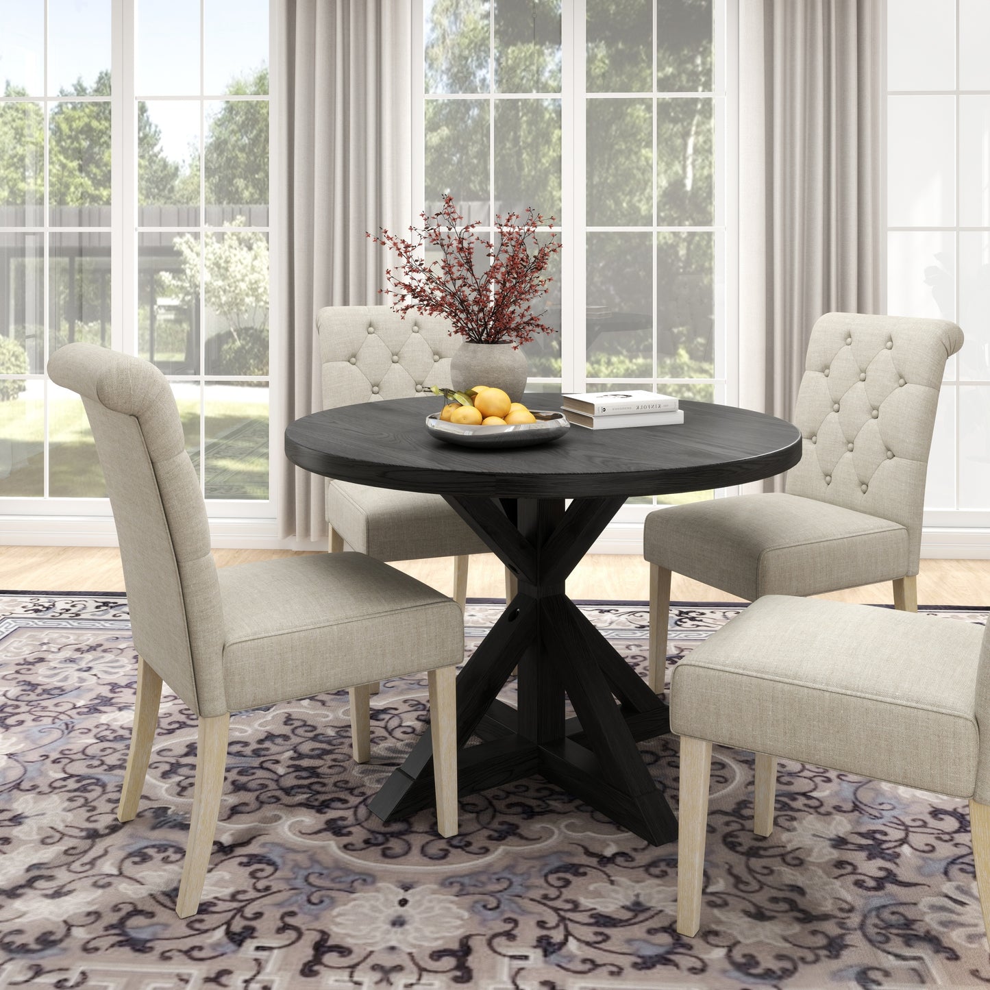 Round Dining Set With Cross Buck Base Tufted Chairs 5Pc Tan