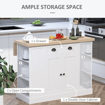 Modern White Fluted Wooden Kitchen Island with Drop Leaf, Drawer, and Open Shelves for Versatile Storage