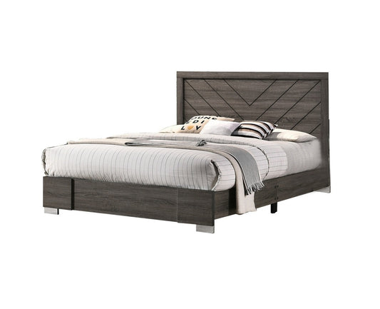 Stylish Grey Wooden Queen Bed with Unique Headboard Design