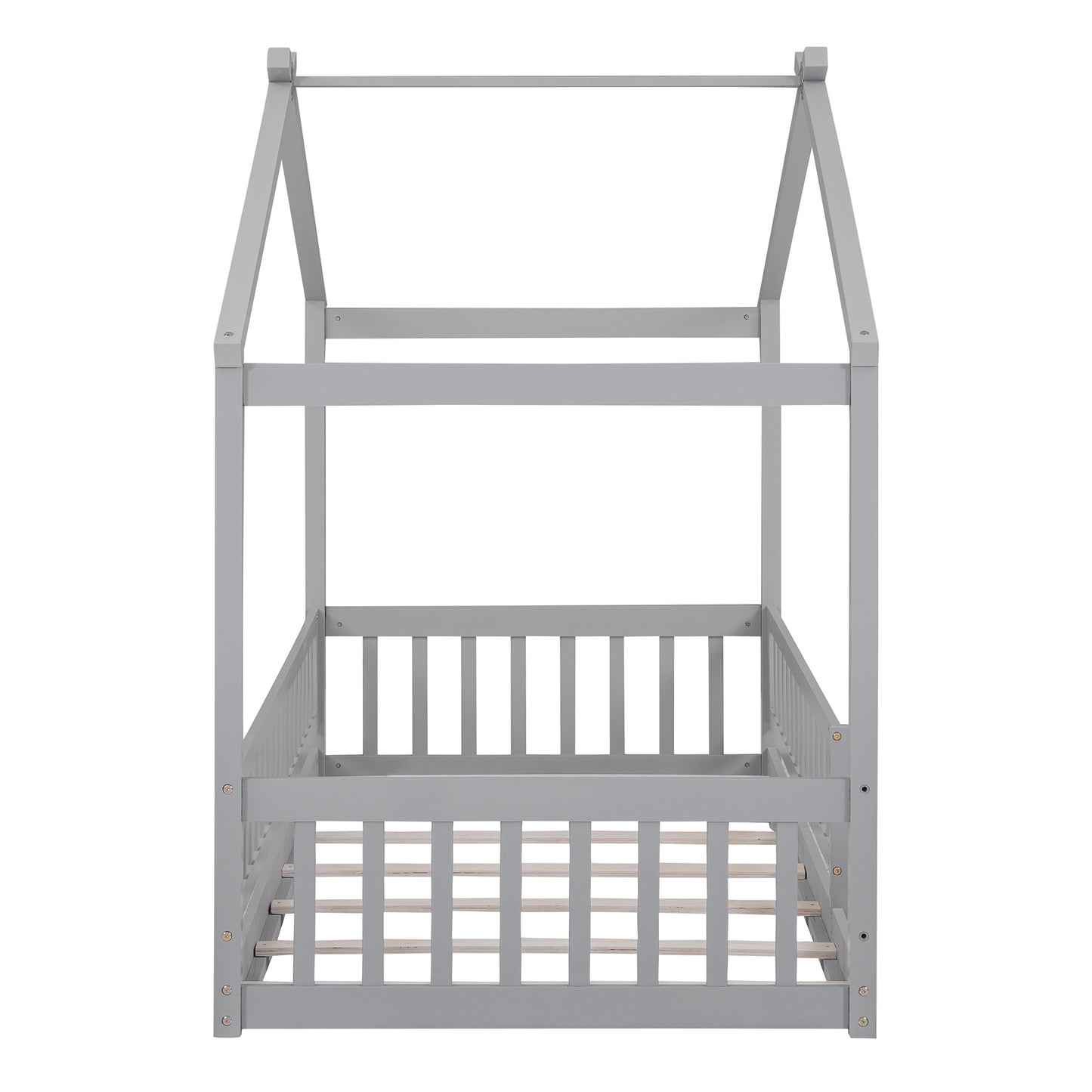 Whimsical Twin Wooden House Bed Frame with Fenced Design for Kids and Teens - Gray