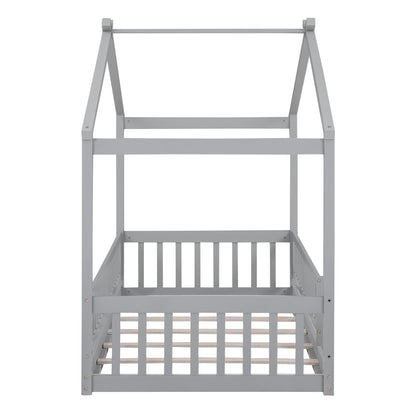 Whimsical Twin Wooden House Bed Frame with Fenced Design for Kids and Teens - Gray