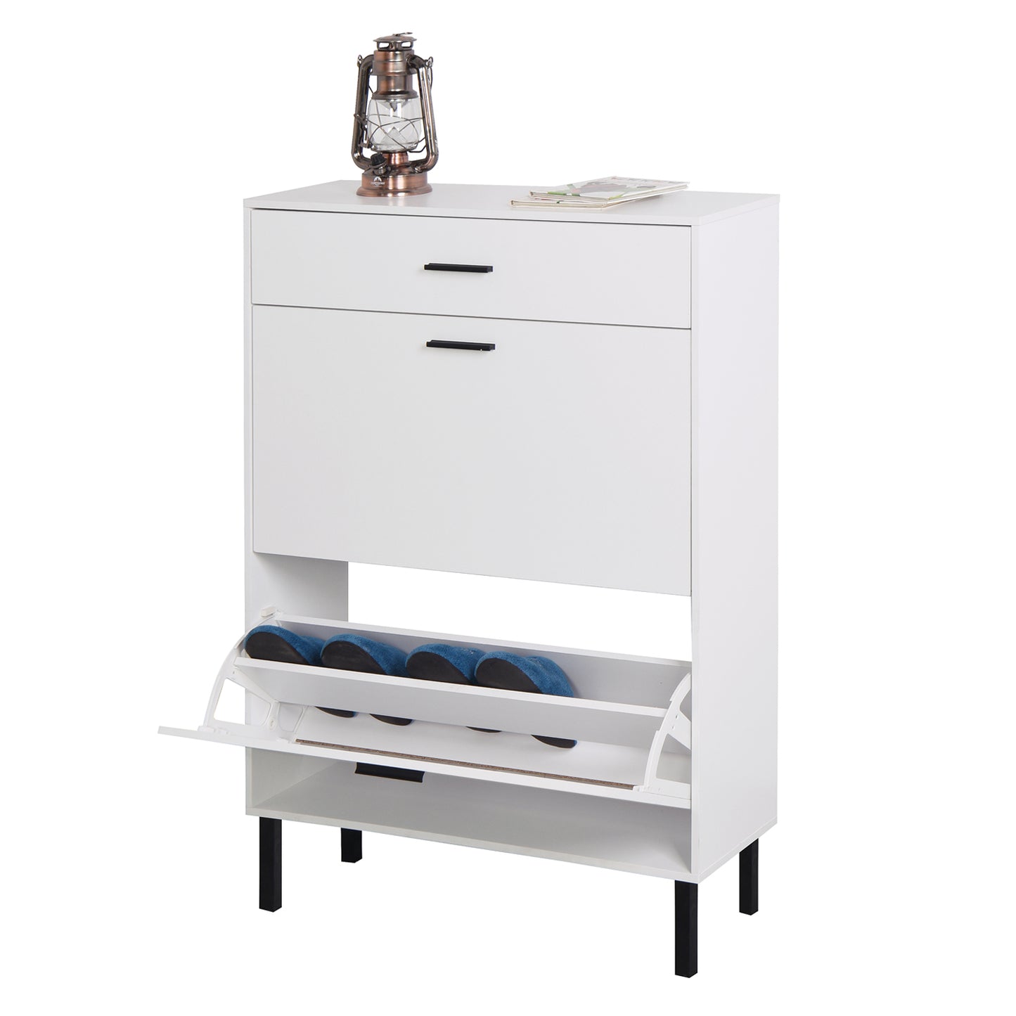 Modern Freestanding Shoe Storage Cabinet with Adjustable Flip Drawers and Metal Legs for Entryway Organization