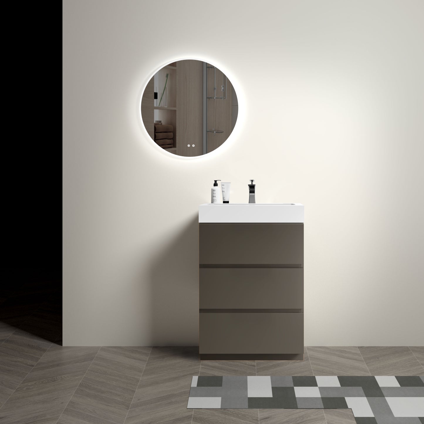 Contemporary 24" Gray Freestanding Bathroom Vanity with Glossy White Sink, Efficient Storage Solution with Silent Drawers, Pre-assembled Design