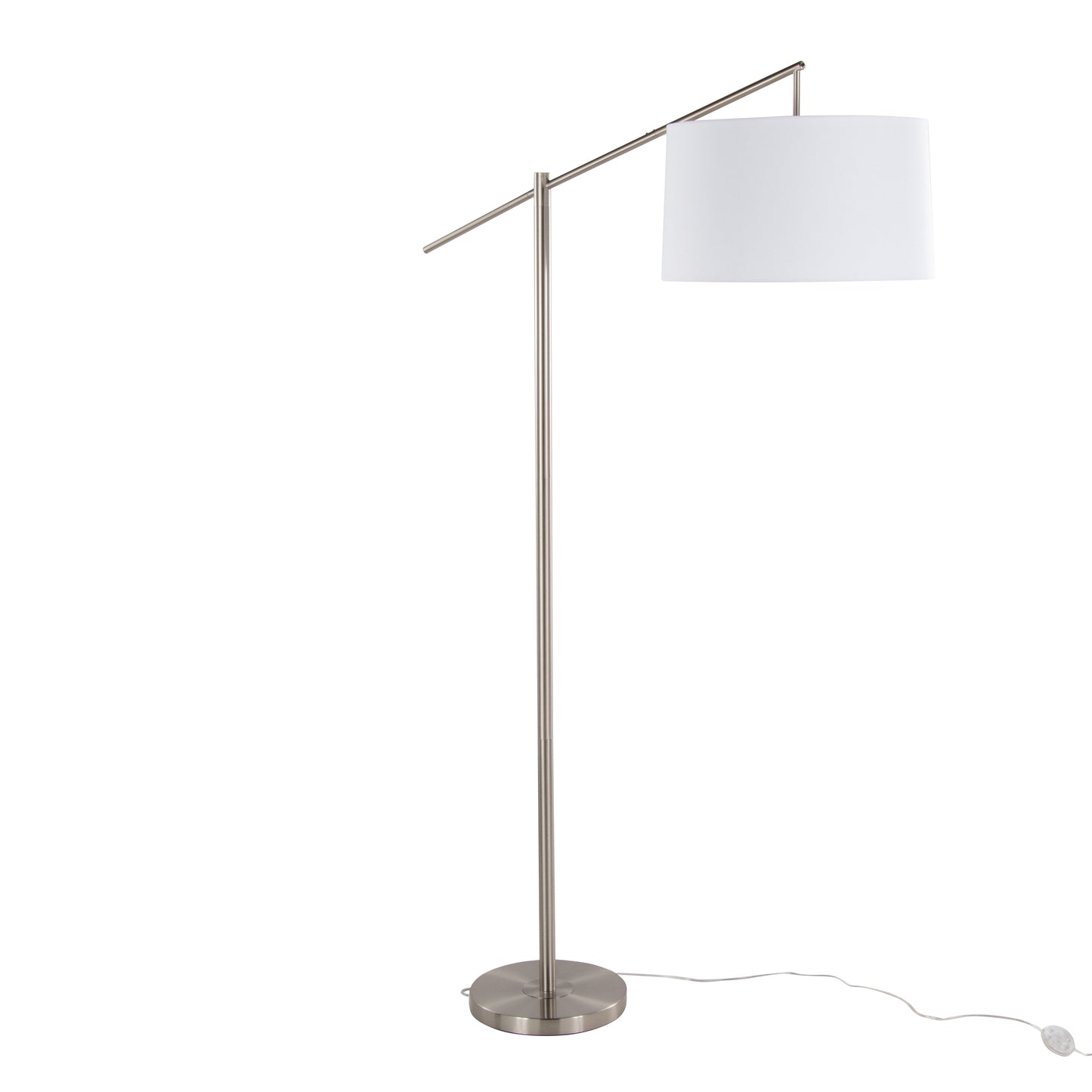 69-Inch Contemporary Metal Floor Lamp with Angled Arm, Off-White Linen Drum Shade, 60W, Brushed Nickel