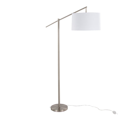 69-Inch Contemporary Metal Floor Lamp with Angled Arm, Off-White Linen Drum Shade, 60W, Brushed Nickel
