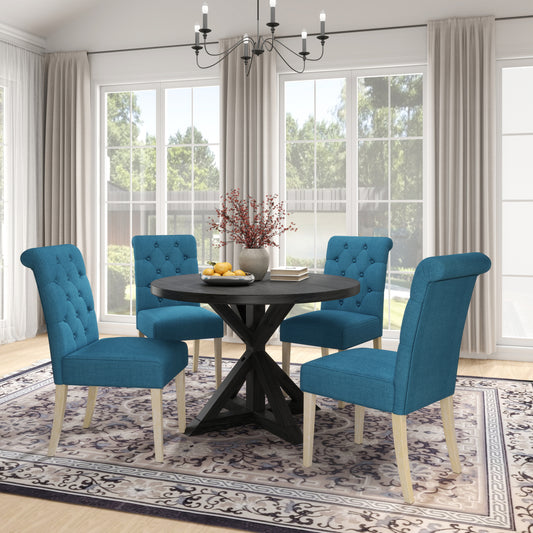Five Piece Cross Buck Round Table With Tufted Chairs Blue