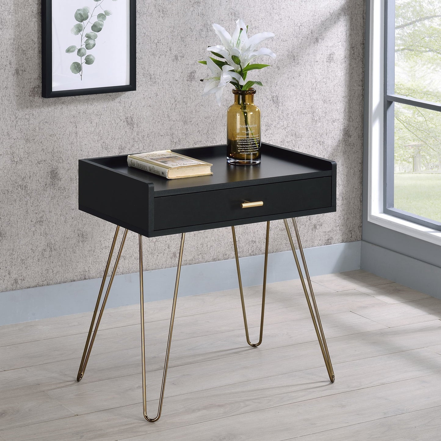 End Table with Storage Drawer, 22W x 14D x 24H, Engineered Wood Top with Metal Hairpin Legs, Living Room Table Black and Gold