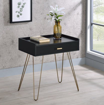 End Table with Storage Drawer, 22W x 14D x 24H, Engineered Wood Top with Metal Hairpin Legs, Living Room Table Black and Gold