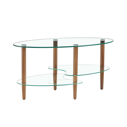 Oval Glass Coffee Table with Oak Wood Legs, 3-Layer Design, Living Room 35.4 x 19.7 x 17.7 in, Brown