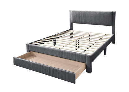 Modern Charcoal Corduroy Upholstered Queen Size Platform Bed with Storage Drawer