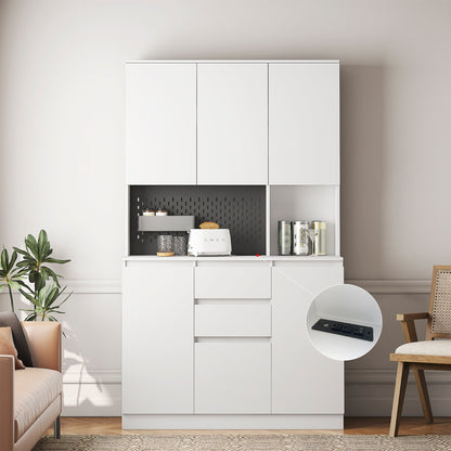 Modern 74" White Kitchen Pantry Cabinet with Charging Station and Microwave Stand - Versatile Buffet Sideboard with Storage Drawers for Dining Room and Living Room