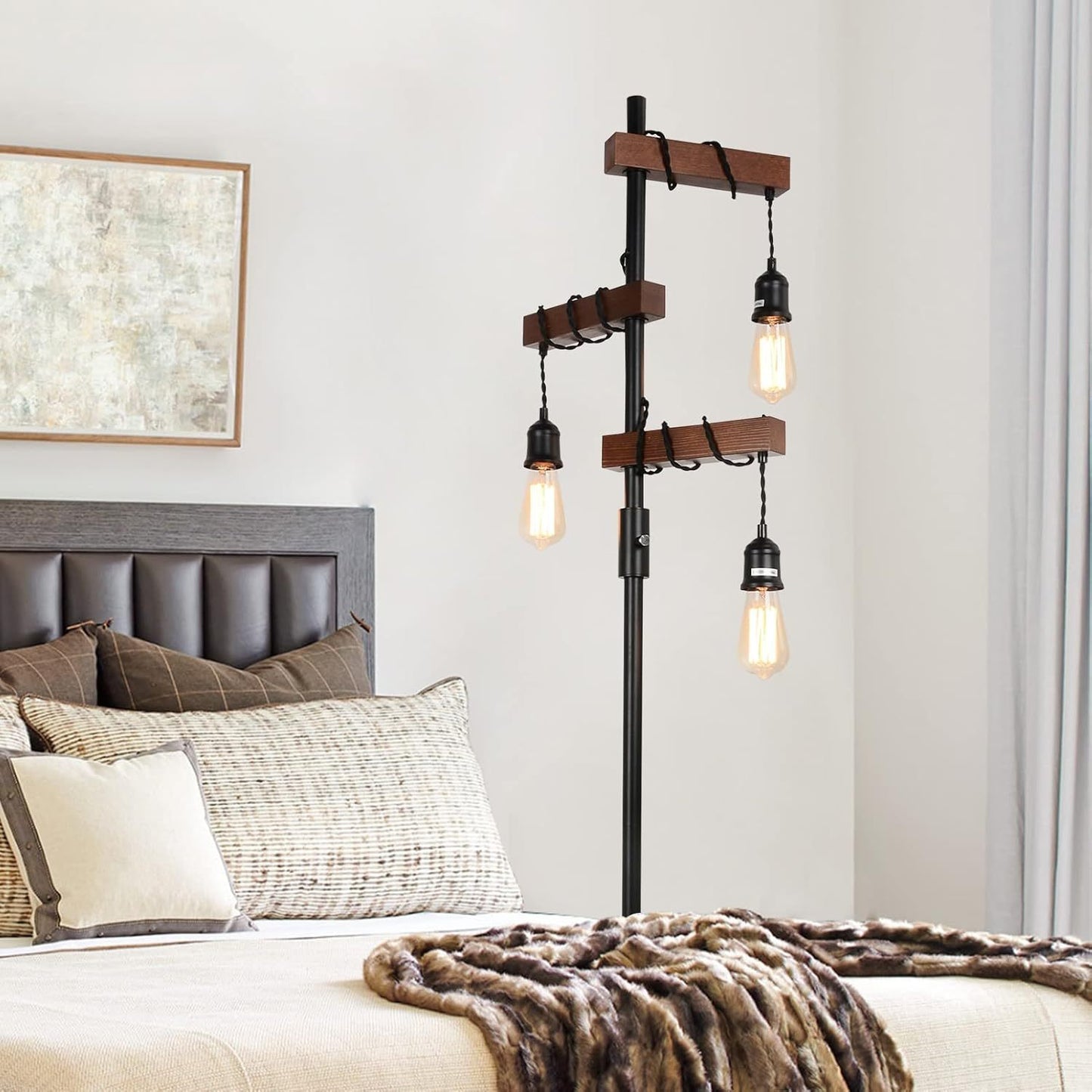 68-Inch 3-Head Dimmable Floor Lamp, Wood & Metal Base, Rustic Farmhouse Lighting for Living Room Black
