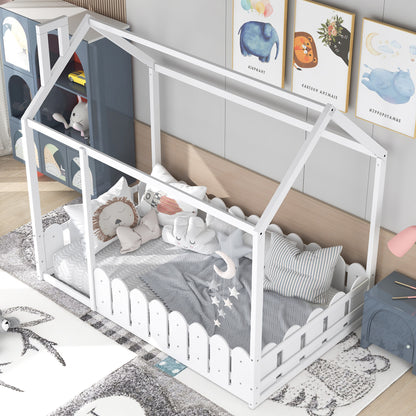 Twin Size Wooden House Bed Frame with Fence - Creative Sleep & Play Space for Kids, Teens, and Children - White Finish
