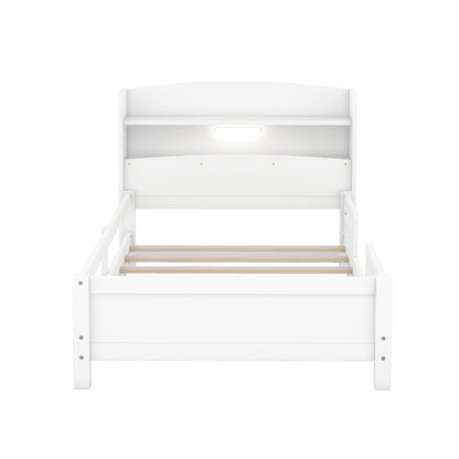 Contemporary Twin Wooden Platform Bed with LED Headboard Storage and Safety Guardrails in White