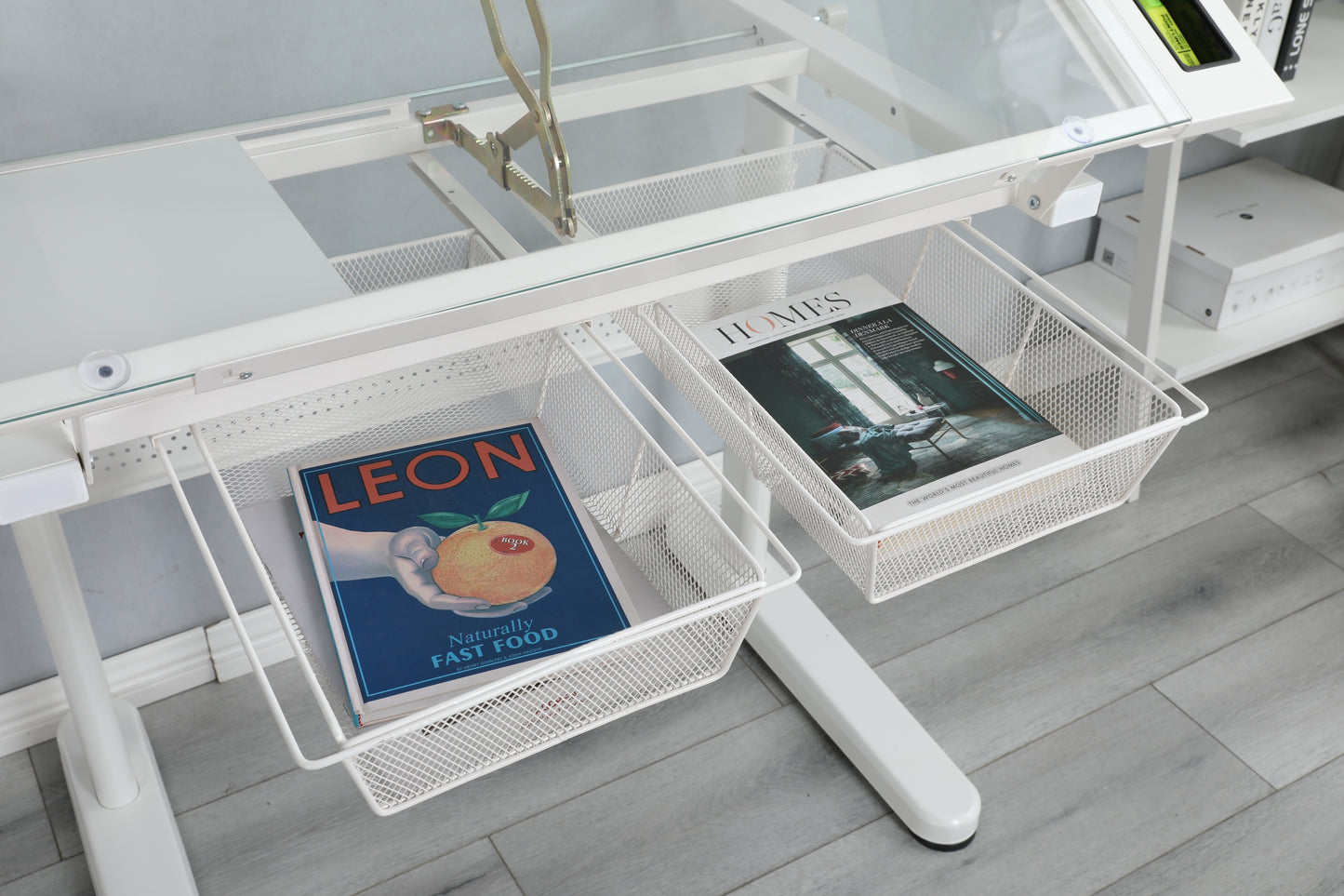 Adjustable Hand Crank Drafting Table with Stool and Dual Metal Drawers (White)