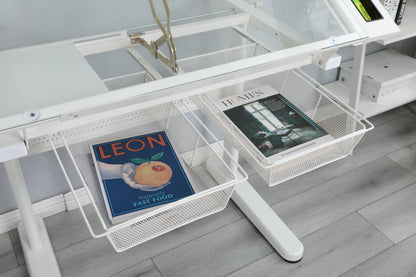 Adjustable Hand Crank Drafting Table with Stool and Dual Metal Drawers (White)