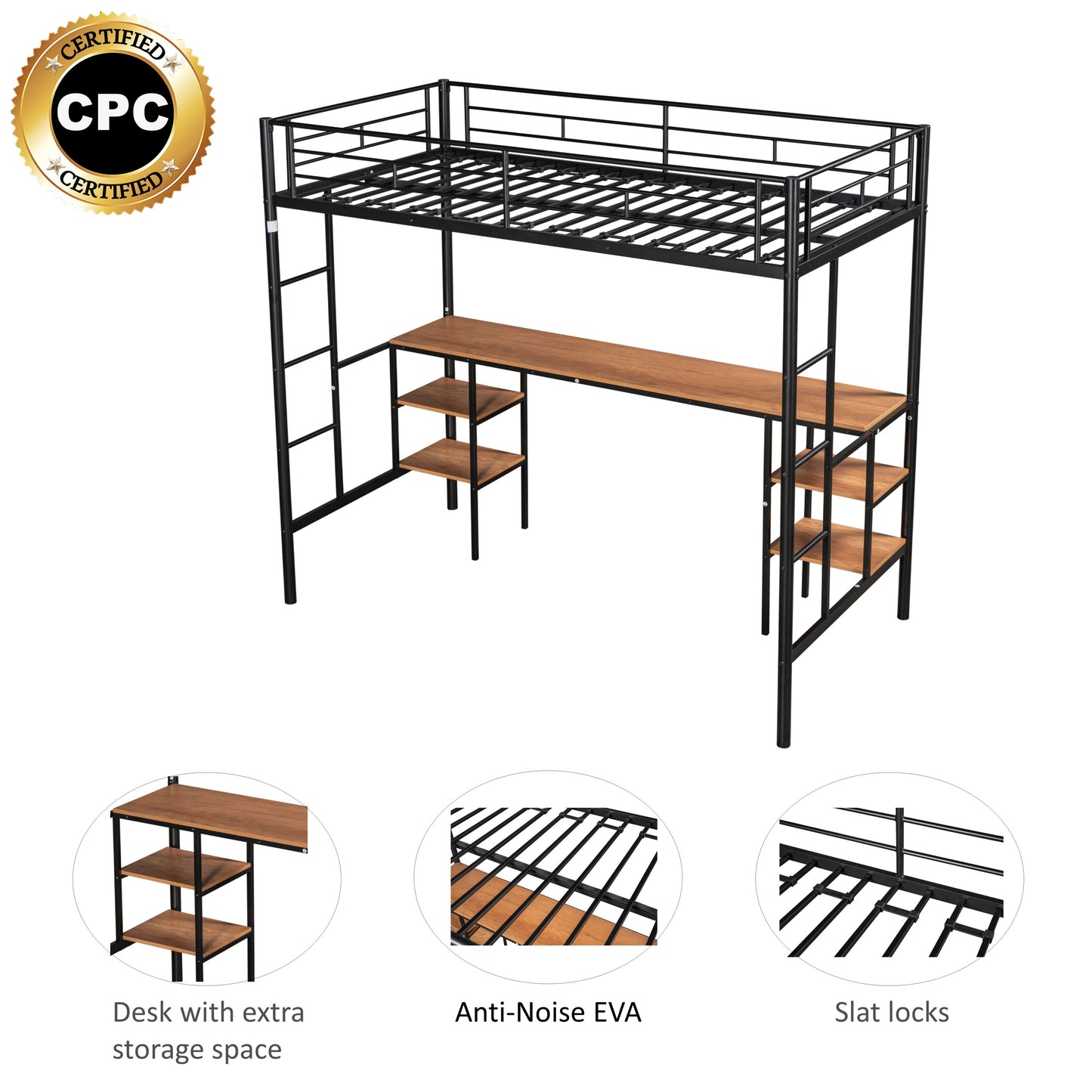 Twin Loft Bed with Integrated Desk & Storage Shelves - Sturdy Metal Construction, Noise Reduction Features, Safety Guardrails, and Dual Side Ladders - No Box Spring Required