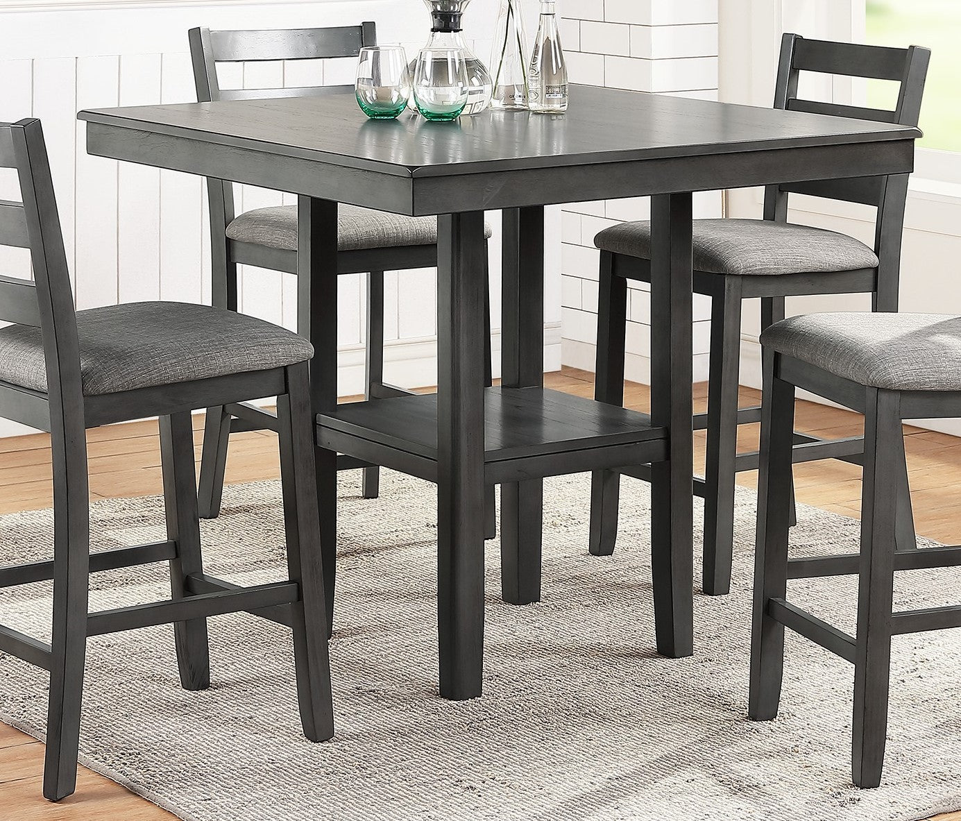 Classic Dining Room Furniture Gray Finish Counter Height 5pc Set Square Dining Table w Shelves Cushion Seat Ladder Back High Chairs Solid wood