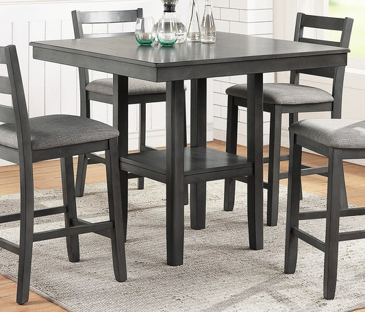 Classic Dining Room Furniture Gray Finish Counter Height 5pc Set Square Dining Table w Shelves Cushion Seat Ladder Back High Chairs Solid wood