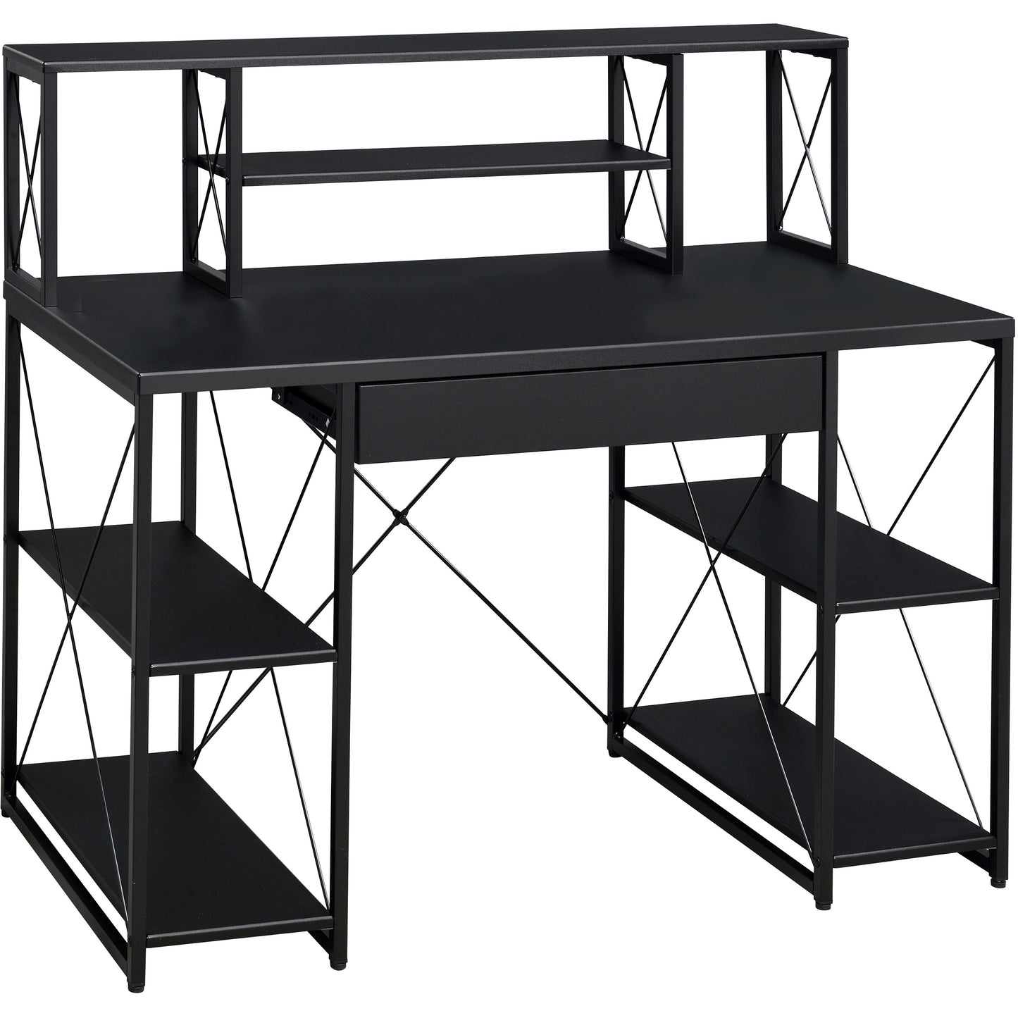 Modern Black Writing Desk with Open Storage and Metal Base