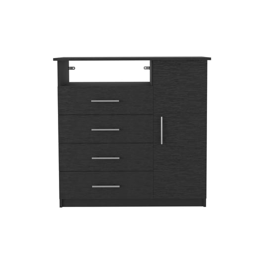 Peru Modern Black 4 Drawer Dresser with Cabinet and Open Shelf