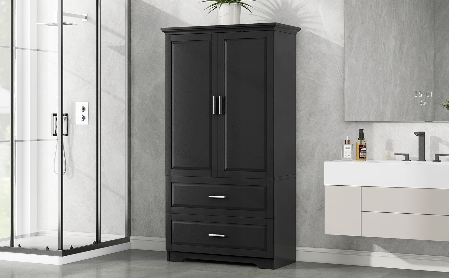 Black Tall Storage Cabinet with Adjustable Shelves, Doors, and Drawers - MDF Construction