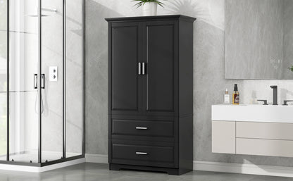 Black Tall Storage Cabinet with Adjustable Shelves, Doors, and Drawers - MDF Construction
