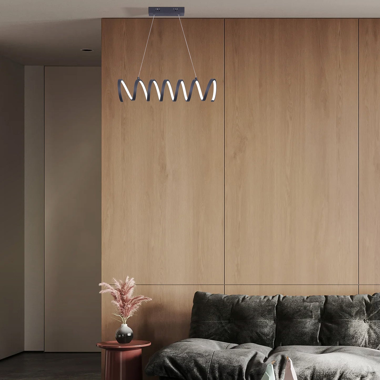 Modern Aluminum Spiral Loop Pendant Light with 14W LED, Adjustable Suspension, 23 in Length Matte Black